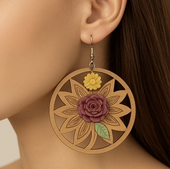 De Blossom Collection Wooden Earrings with Yellow and Purple Floral Design - Picture 1 of 5